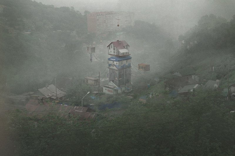 forest, art, collage, surrealism, print, digital, 3d, fog, nature, landscape, artist, photomanipulation, house Системаphoto preview