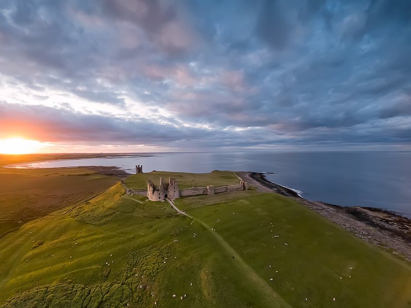 Northumberland, coastline, North Sea, UK, sunset View from the air to Embleton bay, North sea. photo preview