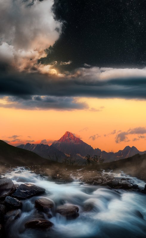 #ossetia #landscape #mamison #sunset #moon #clouds #stars #river #mountains #caucasus #moonlight #пейзаж #закат #горы #осетия Времена сутокphoto preview