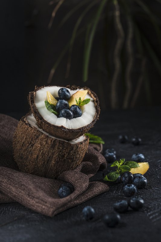 Кокос, черника, персик, еда, фудфото Экзоphoto preview