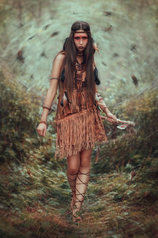 индеец, апачи, постановочная фотография, fine art, tyagushovaphoto, фотограф тягушова, томагавк, бубен,  лес, туман, озеро, индианка, одежда индейцев, украшения индейцев, На тропе войныphoto preview