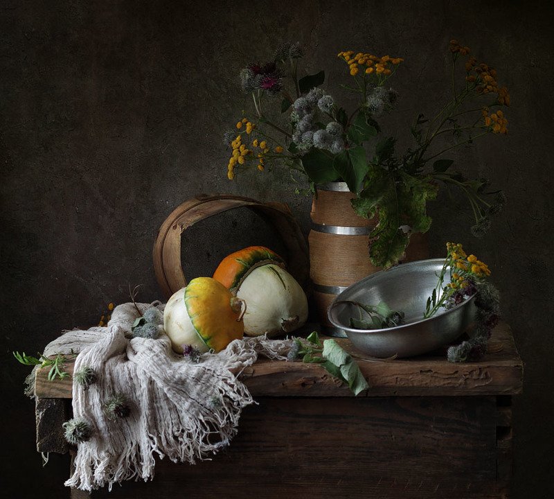 натюрморт, пижма, репей, посуда, осень, ткань, тыква ох, уж этот репейphoto preview