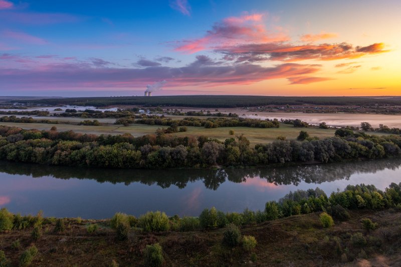 morning, sunrise, dawn, landscape, colors, clouds, mist, panorama, river, утро, рассвет, река, туман, пейзаж On the edge of the nightphoto preview
