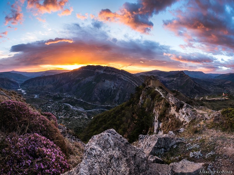 дагестан, гуниб, кавказ, россия, панорама, восход, природа, пейзаж, весна, горы, цветы, dagestan, gunib, caucasus, russia, panorama, sunrise, nature, landscape, spring, mountains, flowers Восход над аулом Гуниб 2photo preview