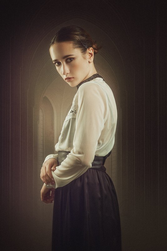 woman; female; portrait; castle; interior; horror; thriller; abandoned; halloween; dark; beauty; shadow; dusk; down; light; night; dress; robe; spooky; voodoo; magic; mystic; scary; ghost; honor; one; person; people; young; adult; pretty; girl; party Mistress of the House On the Hillphoto preview