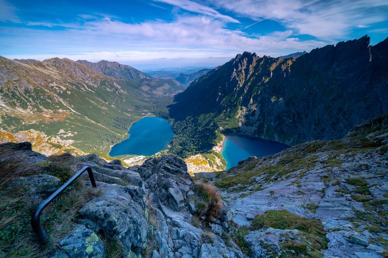 landscape, stream, mountains, morskie oko, czarny staw zakopane, poland, sun, green, tatry, view, trees, niebo, water, przelęcz pod chłopkiem Widok na Morskie Oko i Czarny Staw pod Rysami ze szlaku na Przełęcz pod Chłopkiemphoto preview