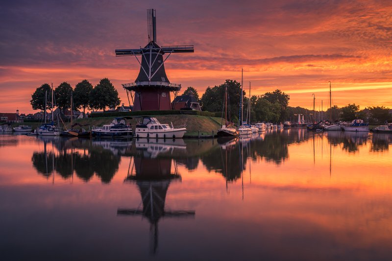 dokkum, netherlands, water, sunrise, sun, reflection, windmill, Windmill in Dokkumphoto preview