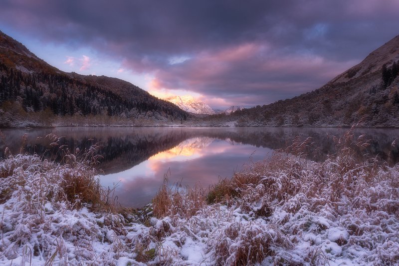 рассвет, снег, горы, озеро, отражение, осень, кавказ, пейзаж, кардывач, агепста, кавказский заповедник Волшебный сентябрьphoto preview