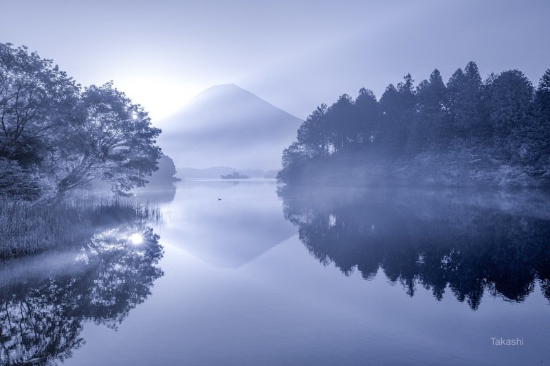 Fuji,mountain,Japan,haze,gas,reflection,water,lake,beautiful,blue,tree, Reflection in morning hazephoto preview
