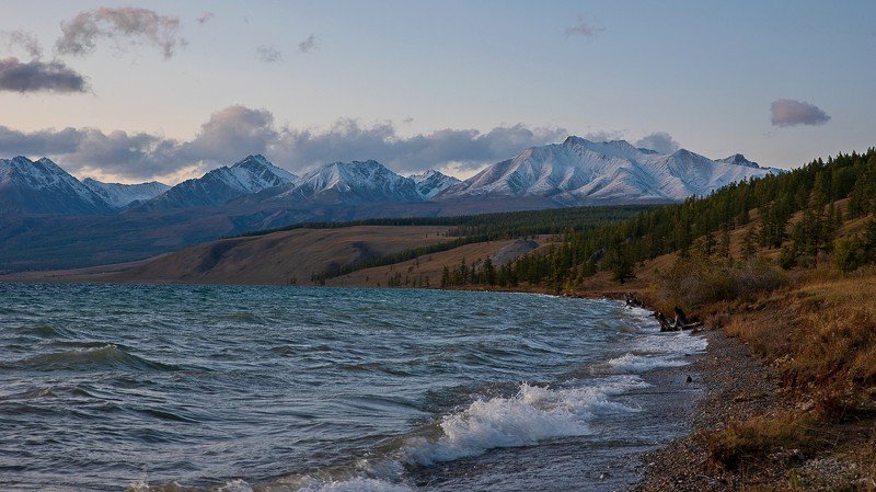 озеро, хубсугул, монголия, вечер, закат, , осень, волны, облака Побережье озера Хубсугулphoto preview