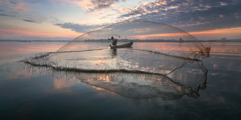 amarapura, asia, asian, balance, birma, blue, boat, burma, burmese, catch, countryside, culture, dawn, early, fish, fisherman, fishing, freshwater, kayak, labor, lake, landscape, life, man, mandalay, morning, myanmar, nature, net, outdoor, paddle, reflect The Gathering - Waterphoto preview