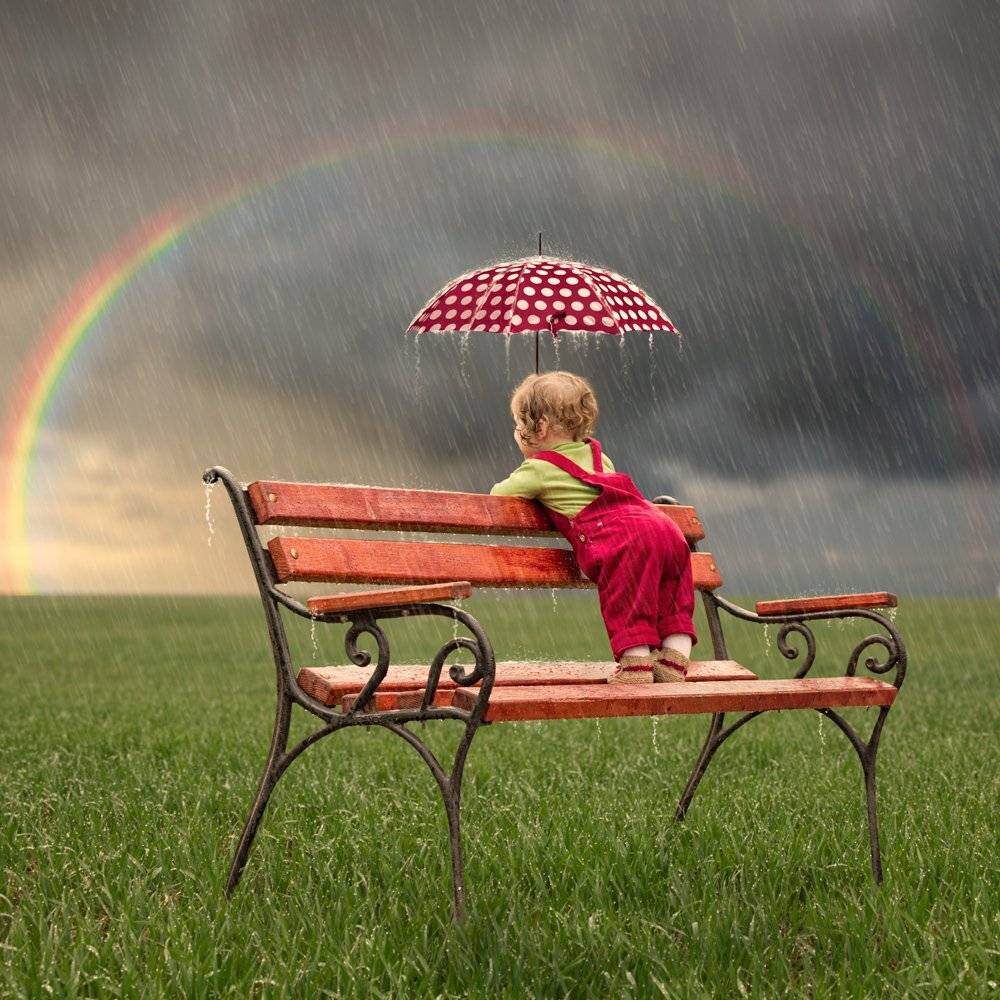 I love watching the rain. Автор: Caras Ionut red, girl, rainbow, umbrella, water, clouds, rain, drops, bench, grass, green, little, weather, wet, ioana, caras ioana, Caras Ionut