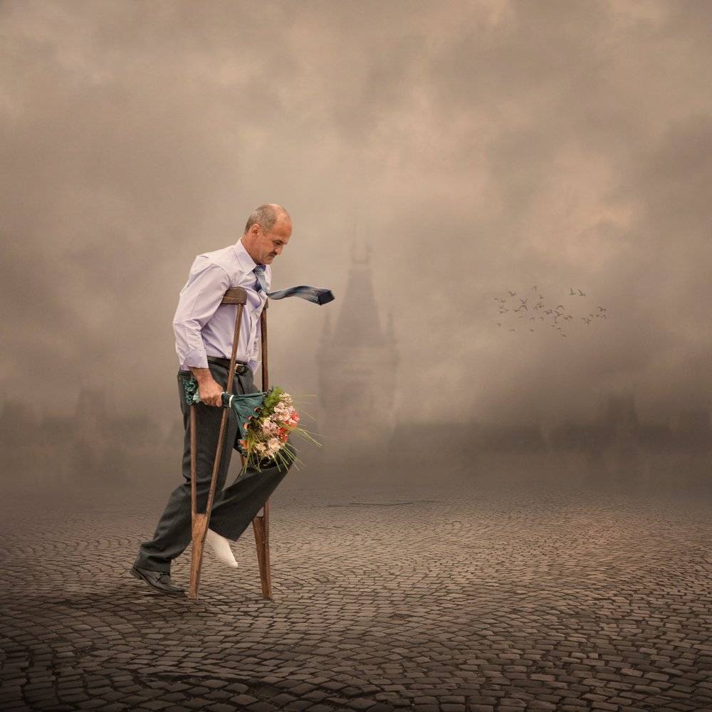 man, tie, flowers, sky, clouds, birds, true love, love, walking, invalid, castle, Caras Ionut