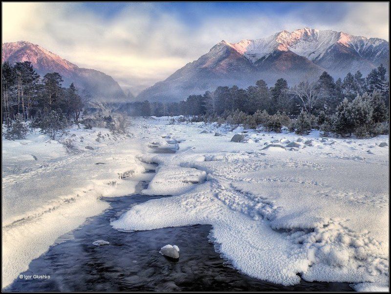 бурятия, горы, река, тунка, зима Утро Тункиphoto preview