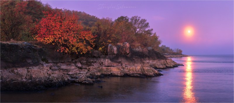 утро, рассвет, луна, осень, отражение, пейзаж, тишина, днепр, скалы, панорама Рассвет на закатеphoto preview