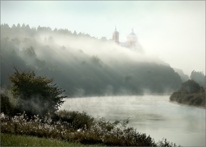 река, угра, храм, село, никола, ленивец, троицкий, туман, утро На Угреphoto preview