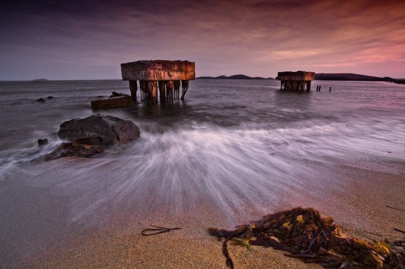 бетонные, сооружения, море, вечер, песок ***photo preview