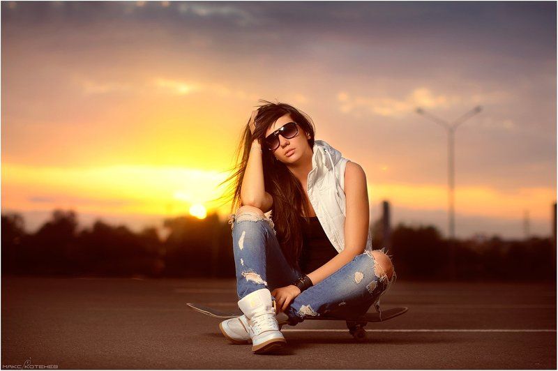 девушка, закат, вечер, скейт ***photo preview