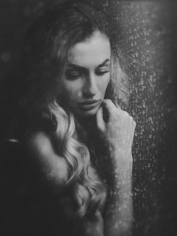 female, fine, art, portrait, black and white, rain, reflection, alone, drama, dramatic, loneliness, mood, beauty RAINphoto preview