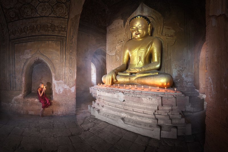 ancient, archeological, architecture, asia, asian, bagan, belief, buddha, buddhism, buddhist, burma, burmese, candle, children, culture, destination, faith, gold, golden, inside, interior, kid, landmark, light, little, man, meditation, monastery, monk, my In the Templephoto preview