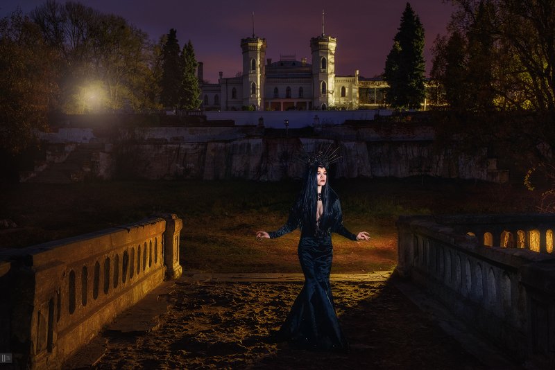 портрет,девушка,корона,платье,груди,замок,колонны,крыша,галерея,мостик,свет,фонарь,дерево,куст,мостик,туя,елка В колыбели Коха #2photo preview