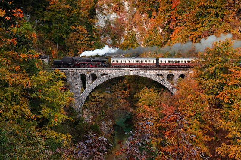 autumn, train, trees, bridge, gorge, colors, trip, slovenia, morning, Autumn 1945photo preview