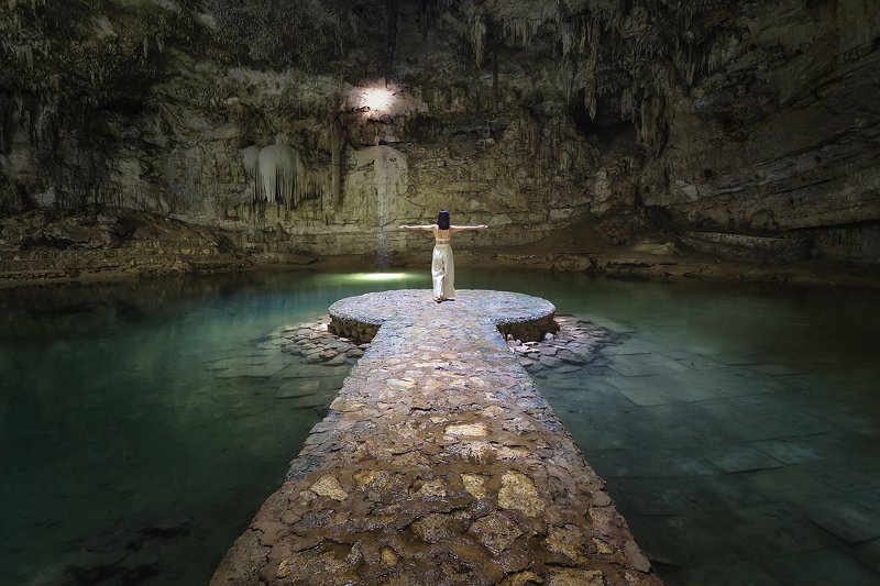 bridge, river, blue, water, cenote, mexico, people, cave Beauty in Cenotephoto preview