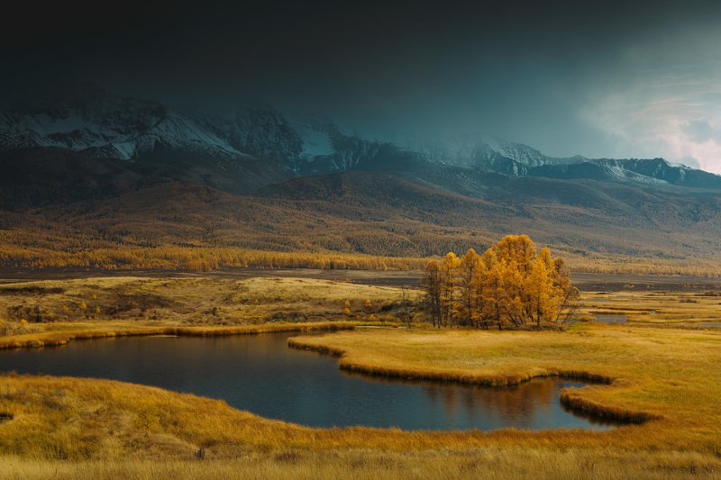 пейзаж, горы, алтай, осень, золотая осень, небо, облака, закат Золото и сереброphoto preview