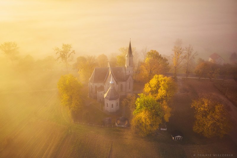 church, drone, dji, air, poland, polish, landscape, sunrise, sunset, colours, autumn, awesome, amazing, adventure, travel, beautiful, morning, fog, mist, mood Foggy prayerphoto preview