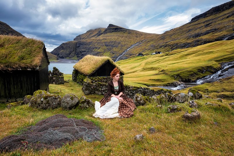 streymoy, faroe islands, saksun, lagoon, lake, coastline, seashore, ocean, atlantic ocean, mountain, hill, grass, field Saksun village and the lagoon with an azure lake and dramatic clouds. Island Streymoy, Faroe Islandsphoto preview