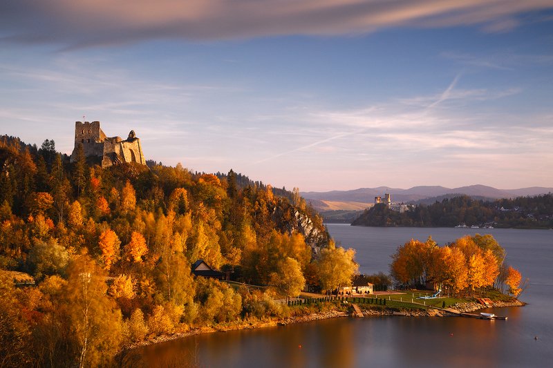 autumn, lake, water, yellow, tree, leaf, colour, sunset, castle, Czorsztynphoto preview