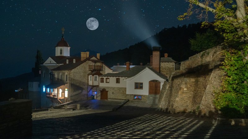 афон, пейзаж, храм, ночь, ксилургу Ксилургуphoto preview