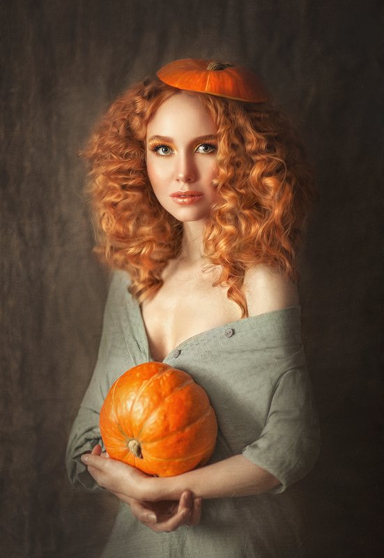рыжая, рыжая девушка, оранжевый, тыква, тыквы, желтые волосы, рыжие волосы, тыква ,картина, художник Тыковкаphoto preview