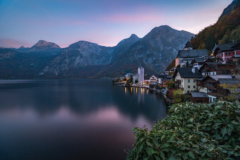 austria, hallstatt, twilight, evening, blue hour, sunset, autumn, fall, lake, water, long exposure, landscape, mountains, вечер, сумерки, австрия, пейзаж, озеро, длинная выдержка, горы Hallstatt twilight фото превью