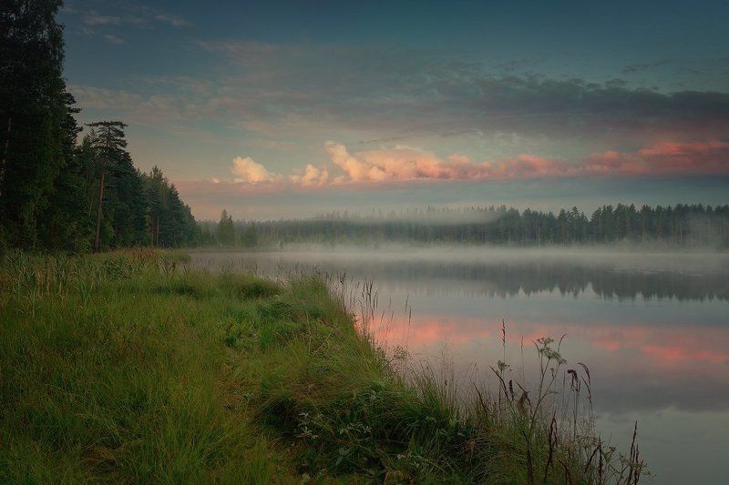 утро, озеро, туман Утро в розовых облакахphoto preview