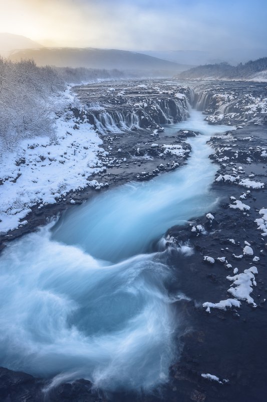 Iceland, waterfall, river, snow, frozen, ice, sunset Waterfall in Icelandphoto preview
