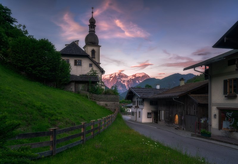 Alpen Glow, Bavaria, Bayern, Blue, Bushes, church, Church Tower, Clouds, Evening Glow, Fence, Forest, germany, Grass, Green, Madow, Mountai Range, Mountain Top, mountains, Outdoor, Pink, Ramsau, Ramsauer Kirche, River, Rocks, Snow, Snow Capped, street, Su Ramsau bei Berchtesgaden, Bavaria, Germanyphoto preview