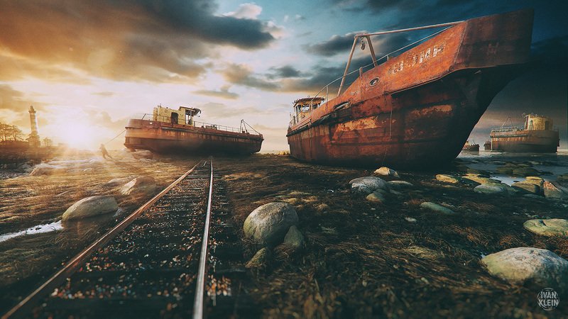 корабль, корабли, заброшенное, ржавчина, маяк, пейзаж, бухта, отлив, закат, море, берег, пляж, коллаж, фото манипуляция, рельсы, руины, остов, Hungry For Metalphoto preview
