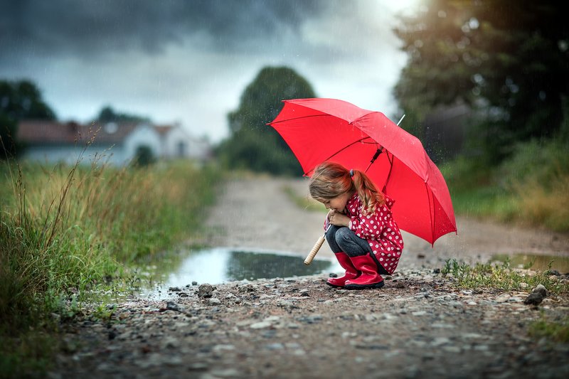 в дождливый день rainy day little girl cute umbrella red road path water в дождливый деньphoto preview