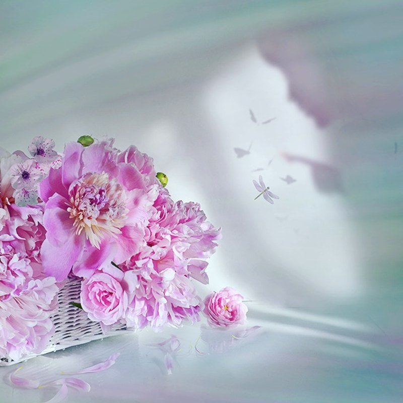 Натюрморт пионы корзина  стрекоза секрет радость любовь Зимняя мечтаphoto preview