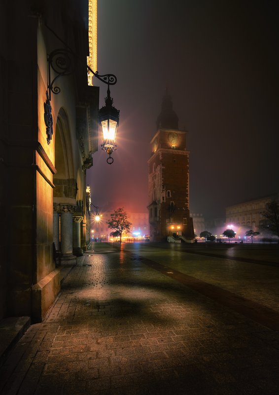 City, cityscape, architecture, colors, street, lights, fog, poland Krakow under the fogphoto preview
