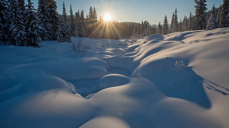 ергаки, зима, утро, восход, солнце, сугробы, речка, кедры, тайга ЕРГАКИ-35photo preview
