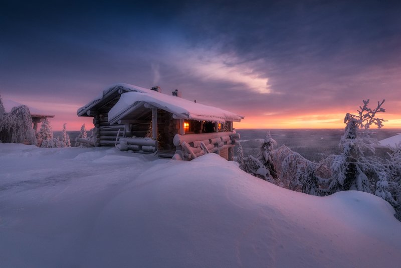 зима, снег, избушка, вечер, закат Избушка на краю земли.photo preview