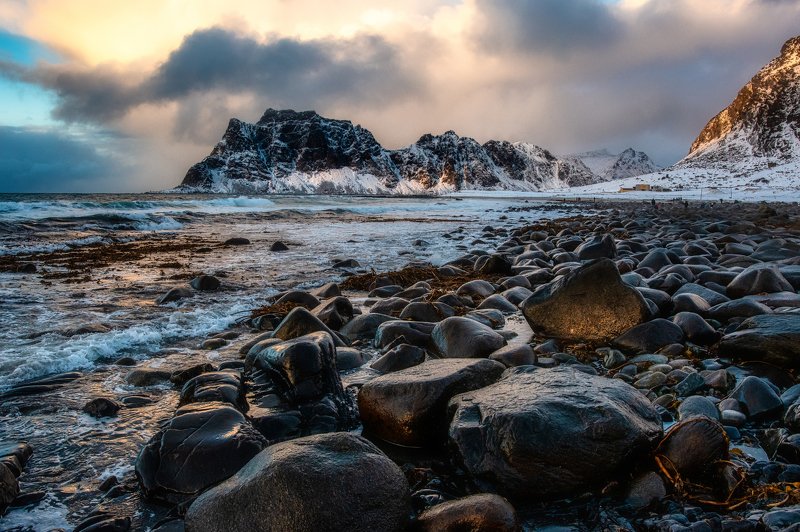 Lofoten, Norway, beach, waves, snow, night, cold, mountains, rocks Uttakleiv beachphoto preview