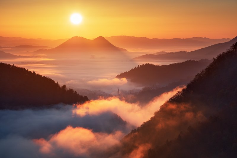 slovenia, light, morning, fog, autumn, fall, sunrise, hills, mountains, europe, sky, church, tower Good Morning!photo preview