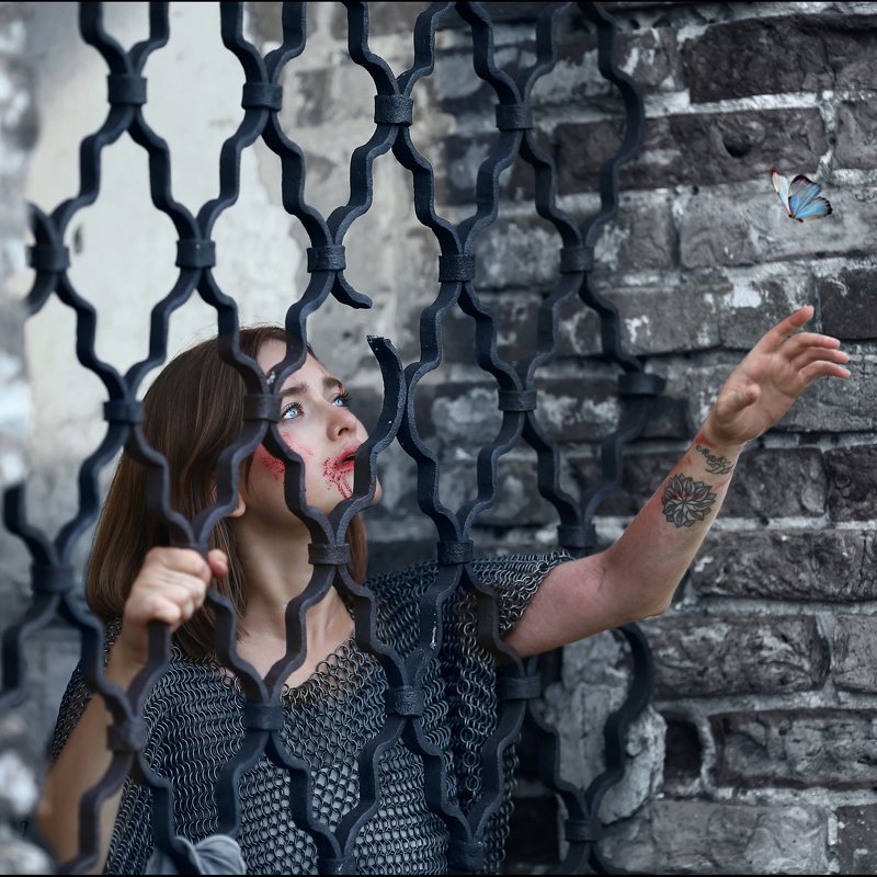 за решеткой, бабочка, кольчуга, девушка в кольчуге, заточение, плен, девушка в плену, старый замок, кровь, кровь на лице photo preview