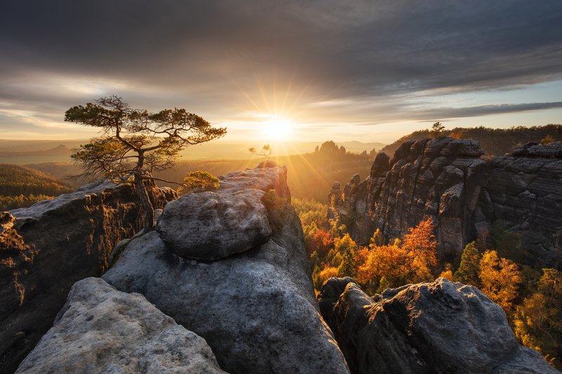sunset, autumn, fall, light, rocks, germany, saxon switzerland, trees, clouds, sky Last Light of the Dayphoto preview