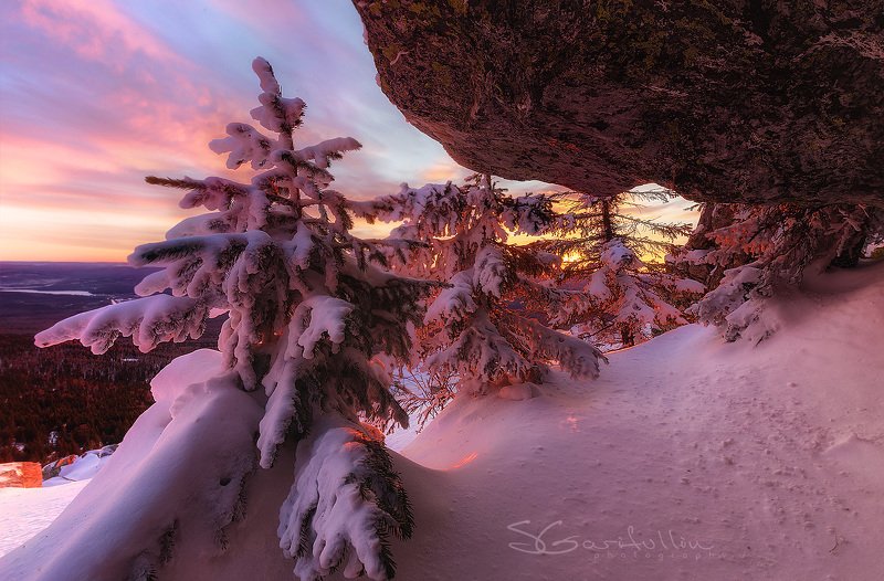 Урал, Южный Урал, Уреньга, зима, зимний пейзаж, елка, ёлка, закат, восход Укромное местоphoto preview