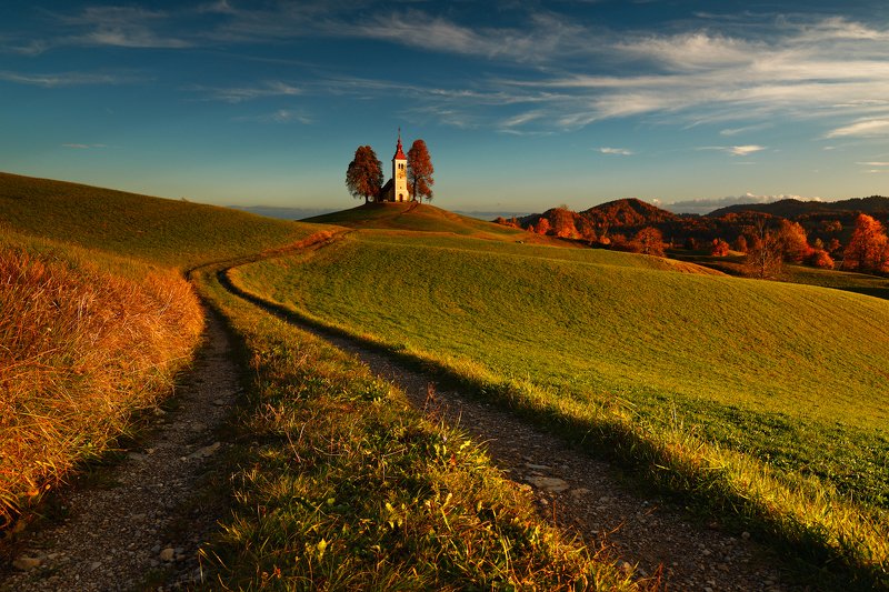 slovenia, sunset, church, road, trees, meadow, sky, Church of the setting sunphoto preview