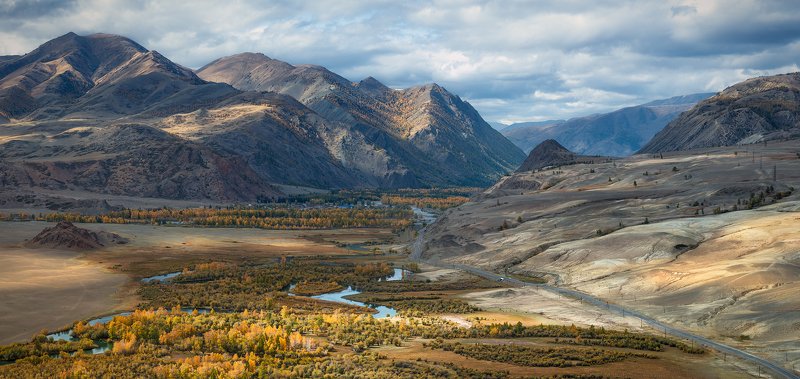 пейзаж, природа, панорама, горы, красная, желтая, золотая, осень, Алтай, Сибирь, холмы, хребет, река, Чуя, степь, долина, лес, широкий, большой, высокий Долина Чуиphoto preview